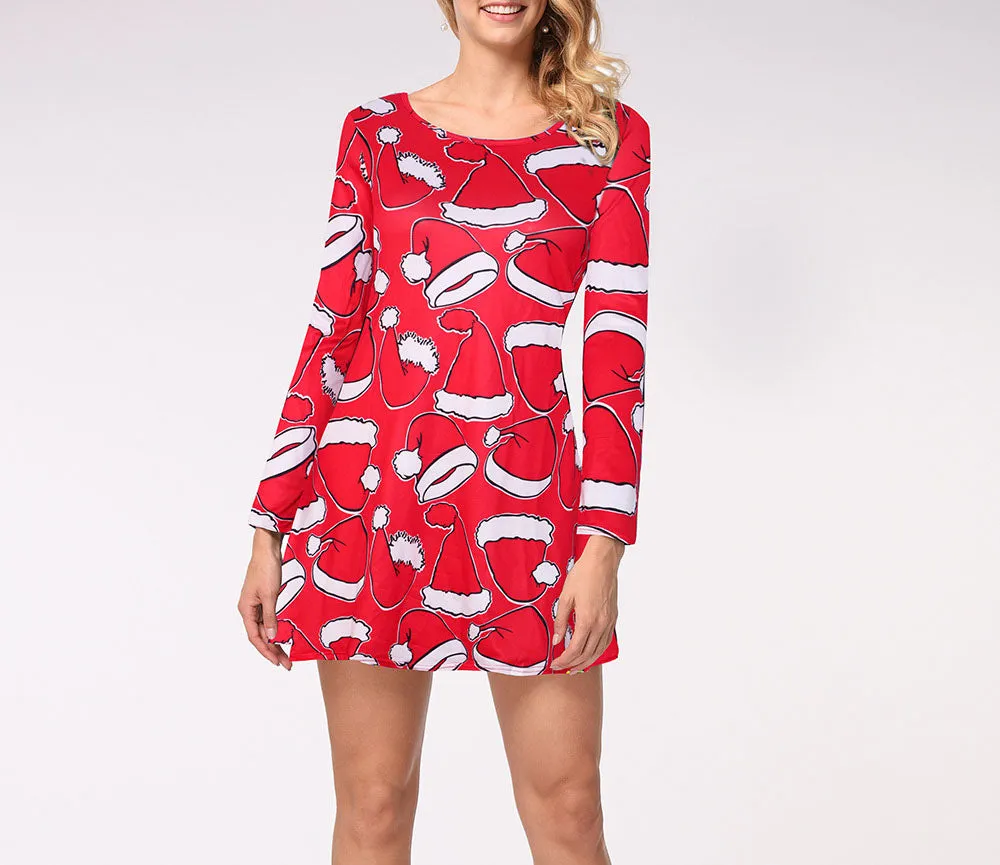 Casual Christmas Printed Dress Long Sleeve Dress