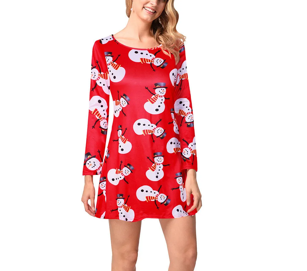Casual Christmas Printed Dress Long Sleeve Dress