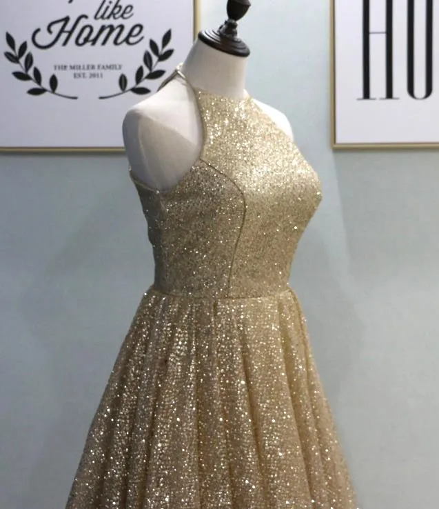 Champagne Sparkly Gold Sequin Prom Dresses Halter Evening Dress