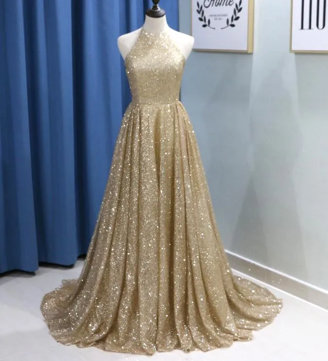 Champagne Sparkly Gold Sequin Prom Dresses Halter Evening Dress
