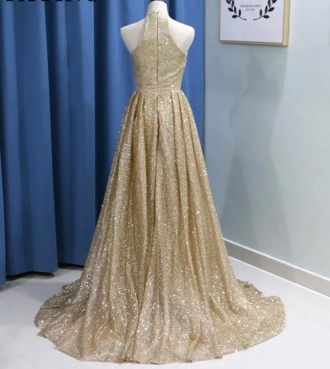 Champagne Sparkly Gold Sequin Prom Dresses Halter Evening Dress