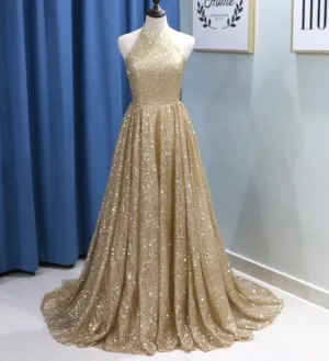 Champagne Sparkly Gold Sequin Prom Dresses Halter Evening Dress