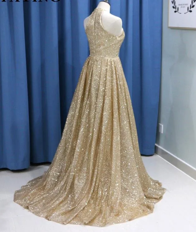 Champagne Sparkly Gold Sequin Prom Dresses Halter Evening Dress