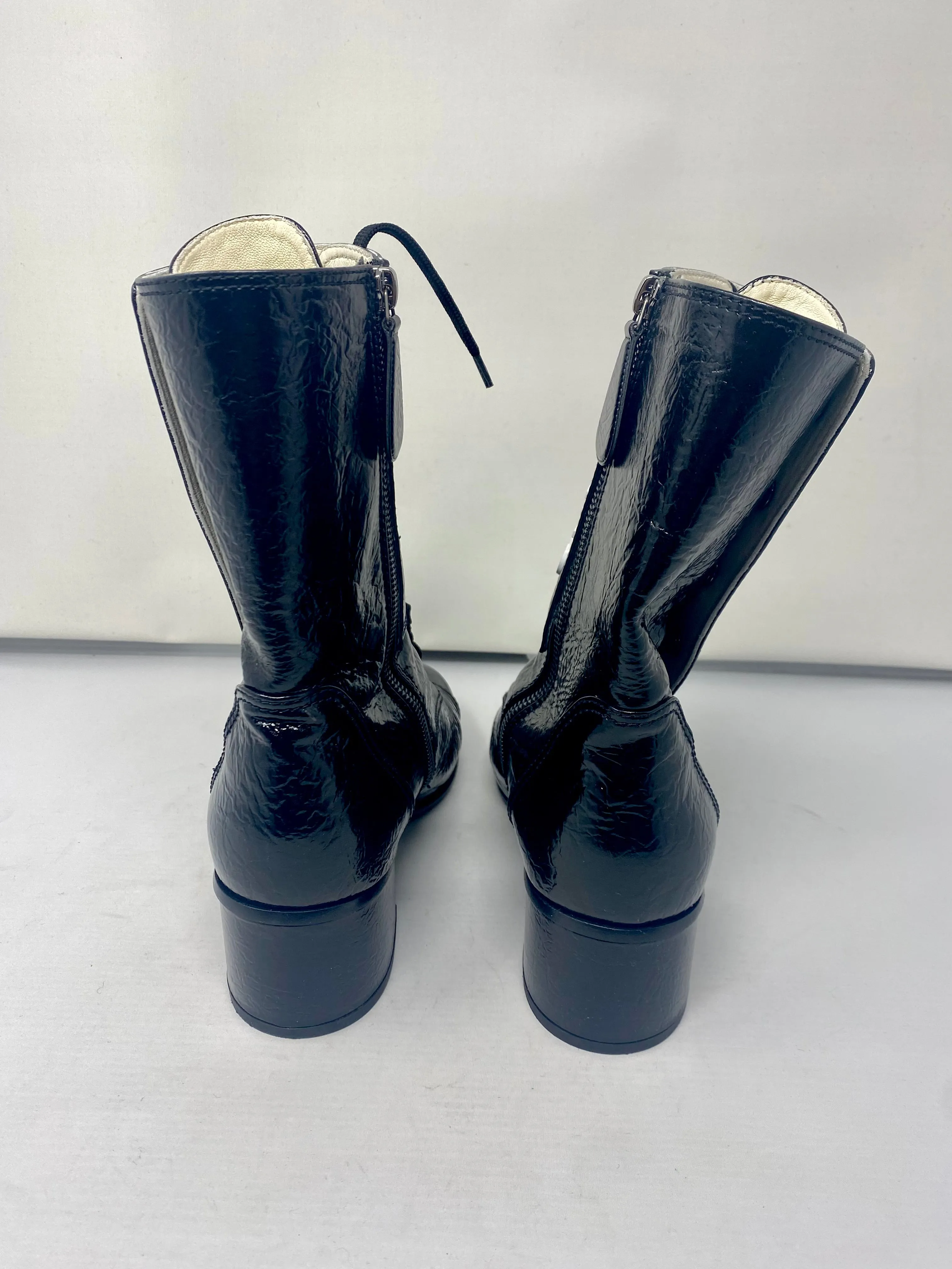 Chanel Black Patent Goatskin Cap Toe Lace Up Side Zip CC Boots