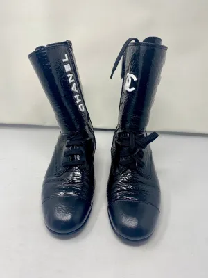 Chanel Black Patent Goatskin Cap Toe Lace Up Side Zip CC Boots