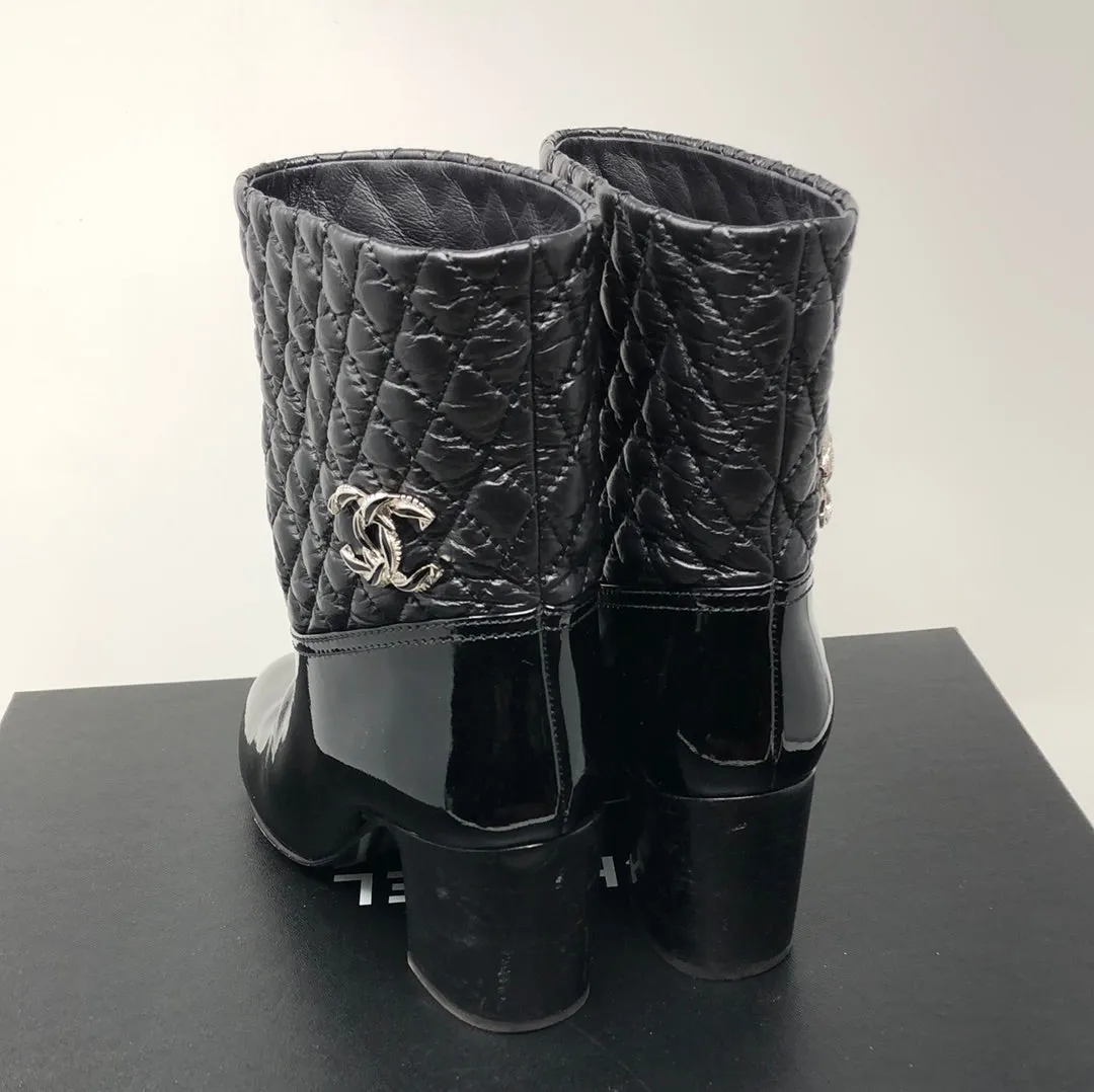 Chanel Black Patent Leather and Quilted Short Boots