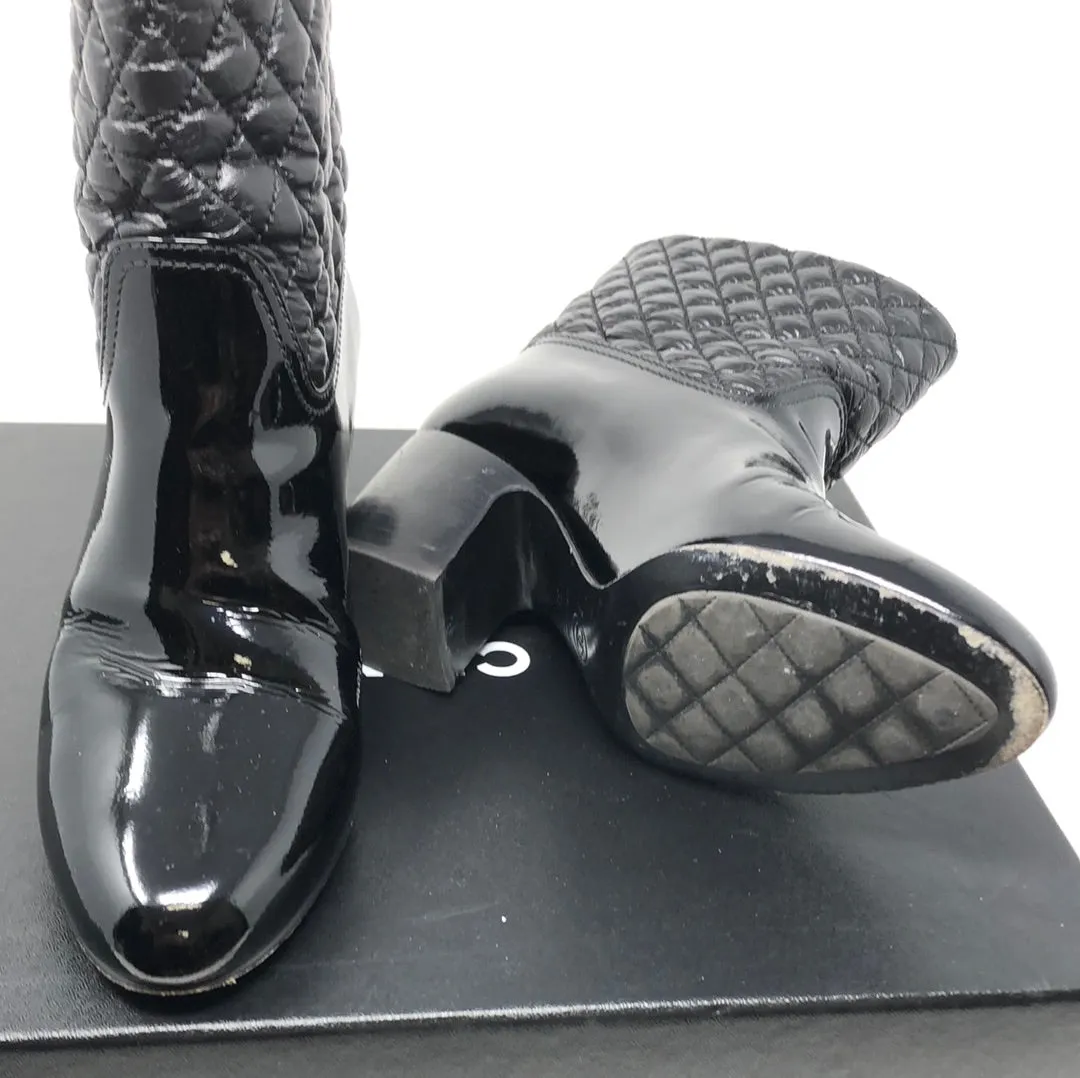 Chanel Black Patent Leather and Quilted Short Boots