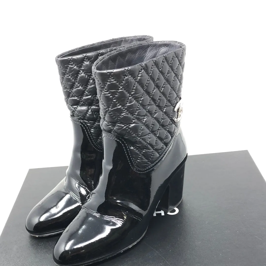 Chanel Black Patent Leather and Quilted Short Boots