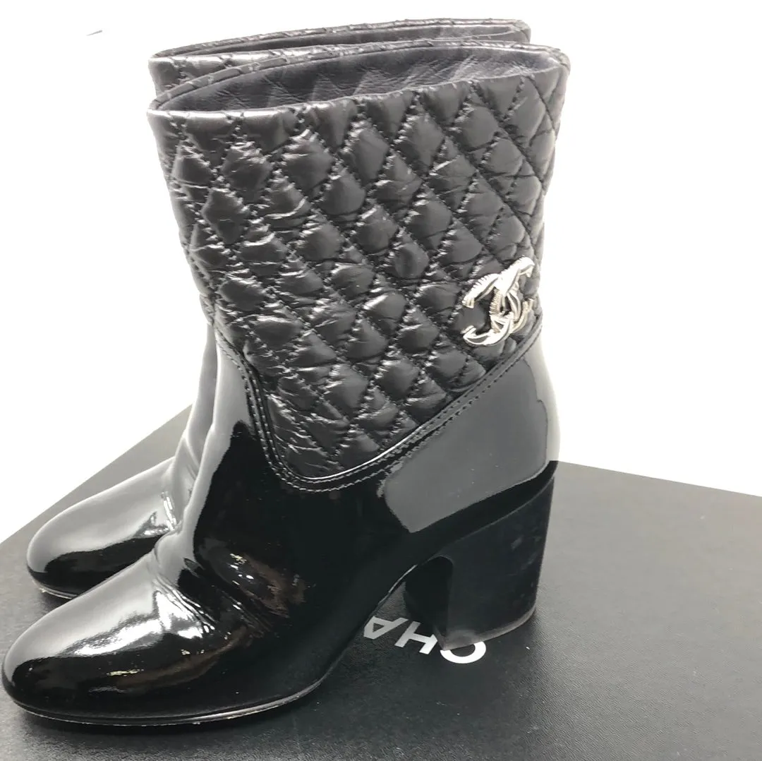 Chanel Black Patent Leather and Quilted Short Boots