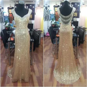 Charming Sparkle Gold Sequin Seen Through Back Long Prom Dress