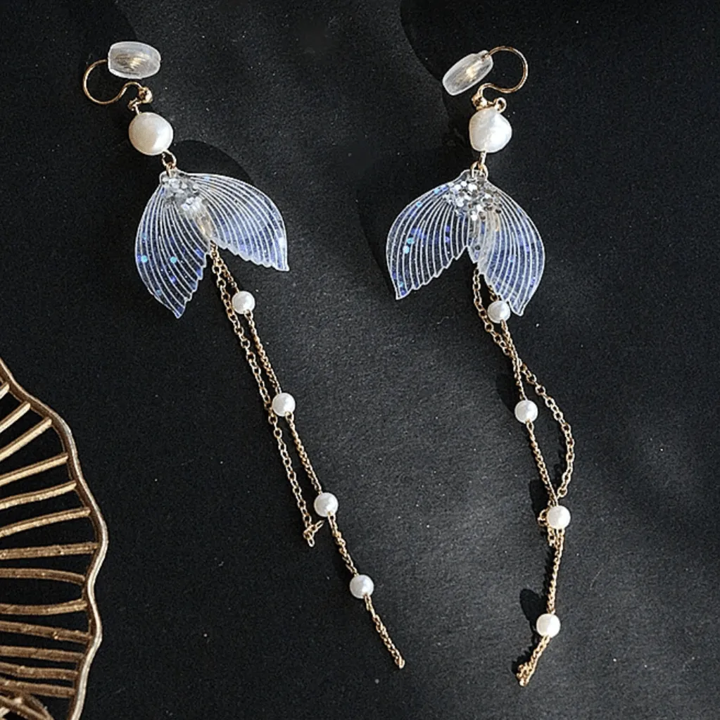 Chic 14K Gold Mermaid Tail Pearl Chain Tassel Ear Clip Earrings