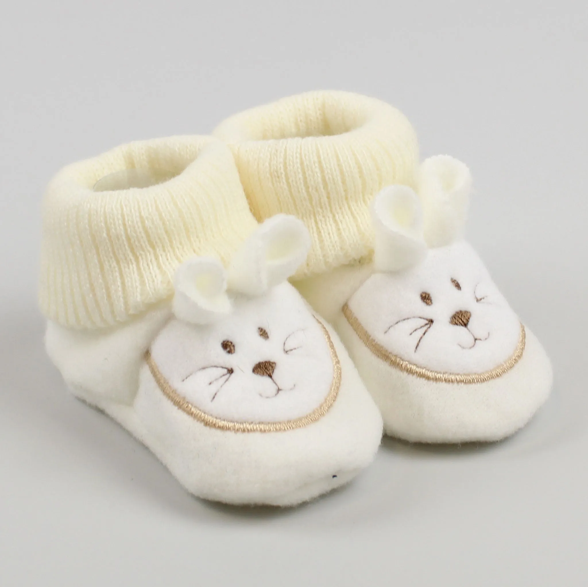 Cream Booties - with embroidered bunny - Newborn to 6 months