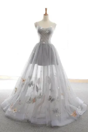Cute Gray Tulle Star Butterfly Prom Dress Long Lace Up Party Gown APP0970