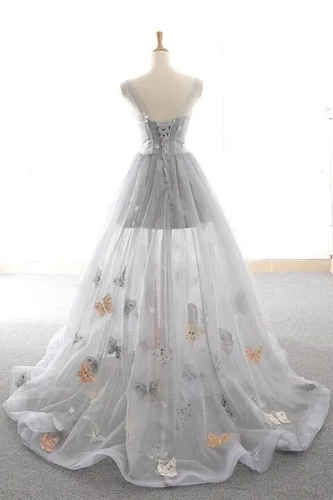 Cute Gray Tulle Star Butterfly Prom Dress Long Lace Up Party Gown APP0970