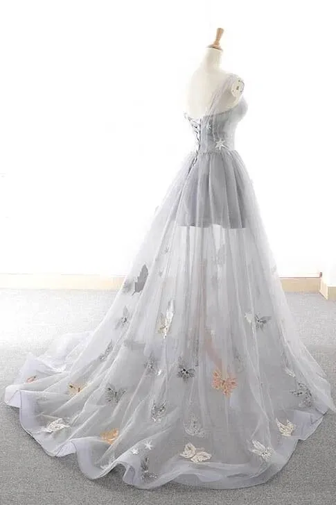 Cute Gray Tulle Star Butterfly Prom Dress Long Lace Up Party Gown APP0970