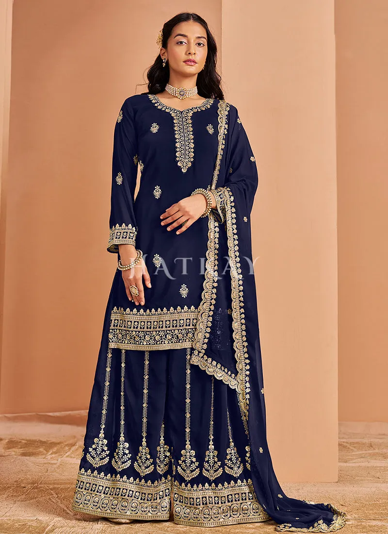 Dark Blue Embroidered Georgette Palazzo Suit
