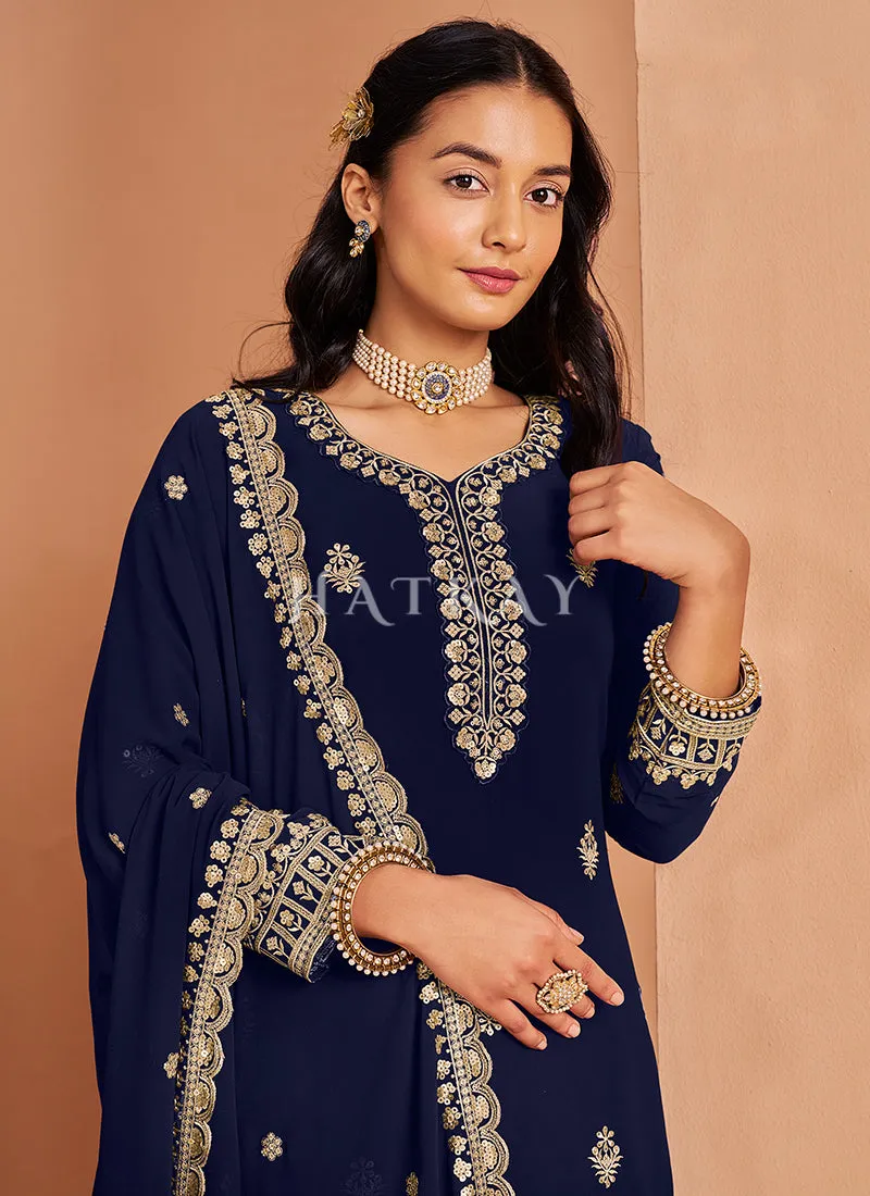 Dark Blue Embroidered Georgette Palazzo Suit