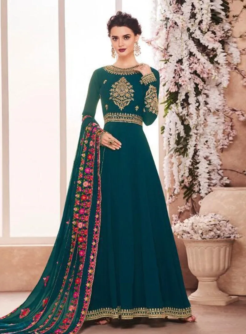 Dark Green Golden Multi Embroidered Flared Anarkali Suit