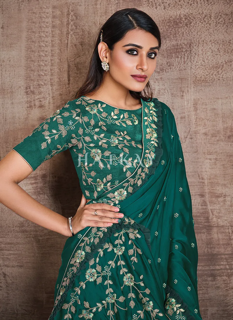 Dark Green Traditional Zari Embroidered Party Wear Saree