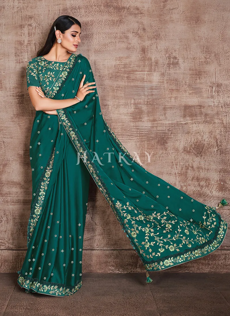 Dark Green Traditional Zari Embroidered Party Wear Saree