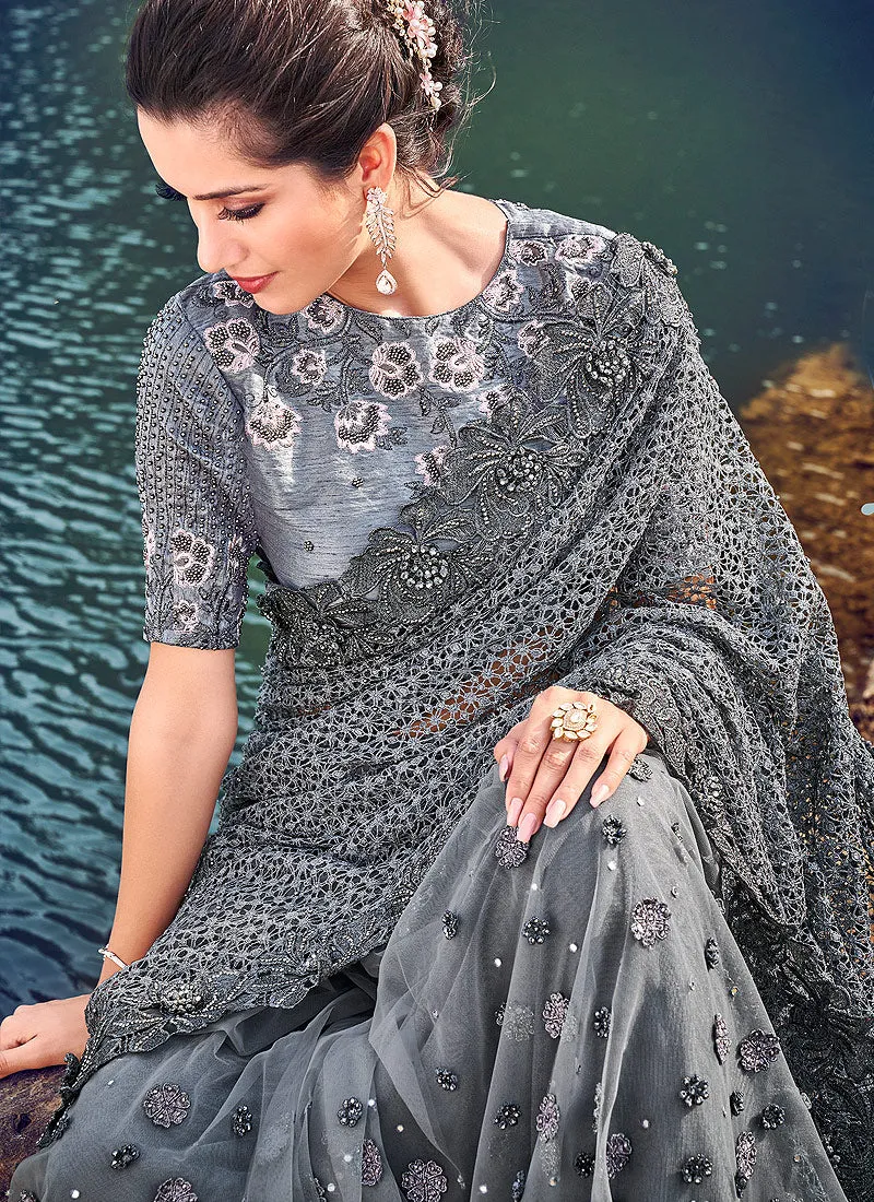 Dark Grey Embossed Embroidered Party Wear Saree
