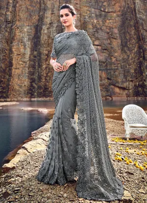 Dark Grey Embossed Embroidered Party Wear Saree