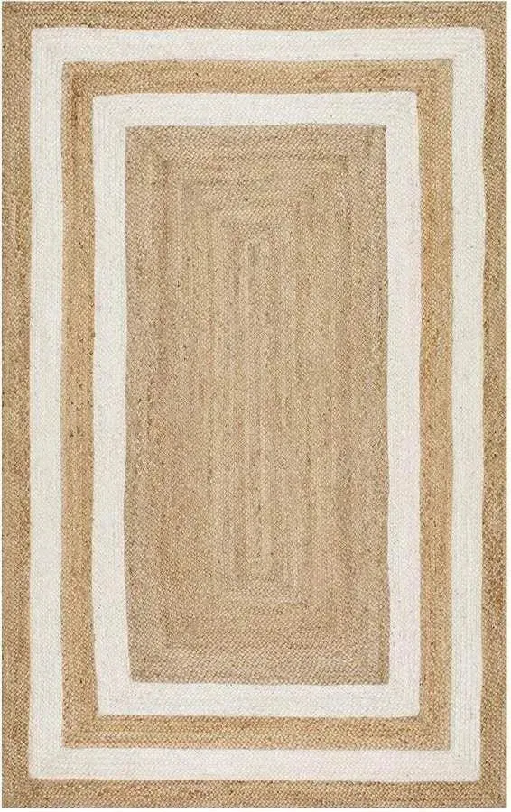 Double White Trim Natural Rectangular Hand Braided Jute Rug