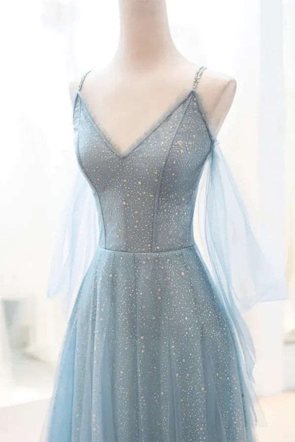 Dusty Blue Sparkly Tulle Long Prom Dress, A Line Spaghetti Strap Evening Dress APP0818