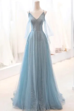 Dusty Blue Sparkly Tulle Long Prom Dress, A Line Spaghetti Strap Evening Dress APP0818