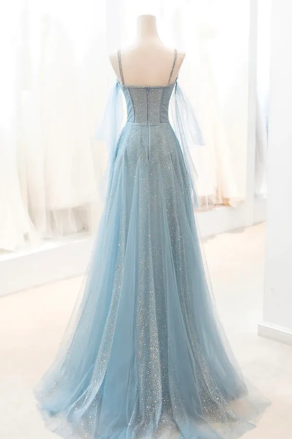 Dusty Blue Sparkly Tulle Long Prom Dress, A Line Spaghetti Strap Evening Dress APP0818