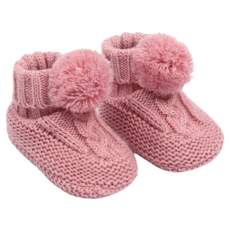 Dusty pink pom pom baby booties (newborn to 12 months)