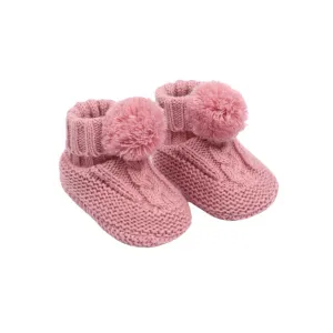 Dusty pink pom pom baby booties (newborn to 12 months)