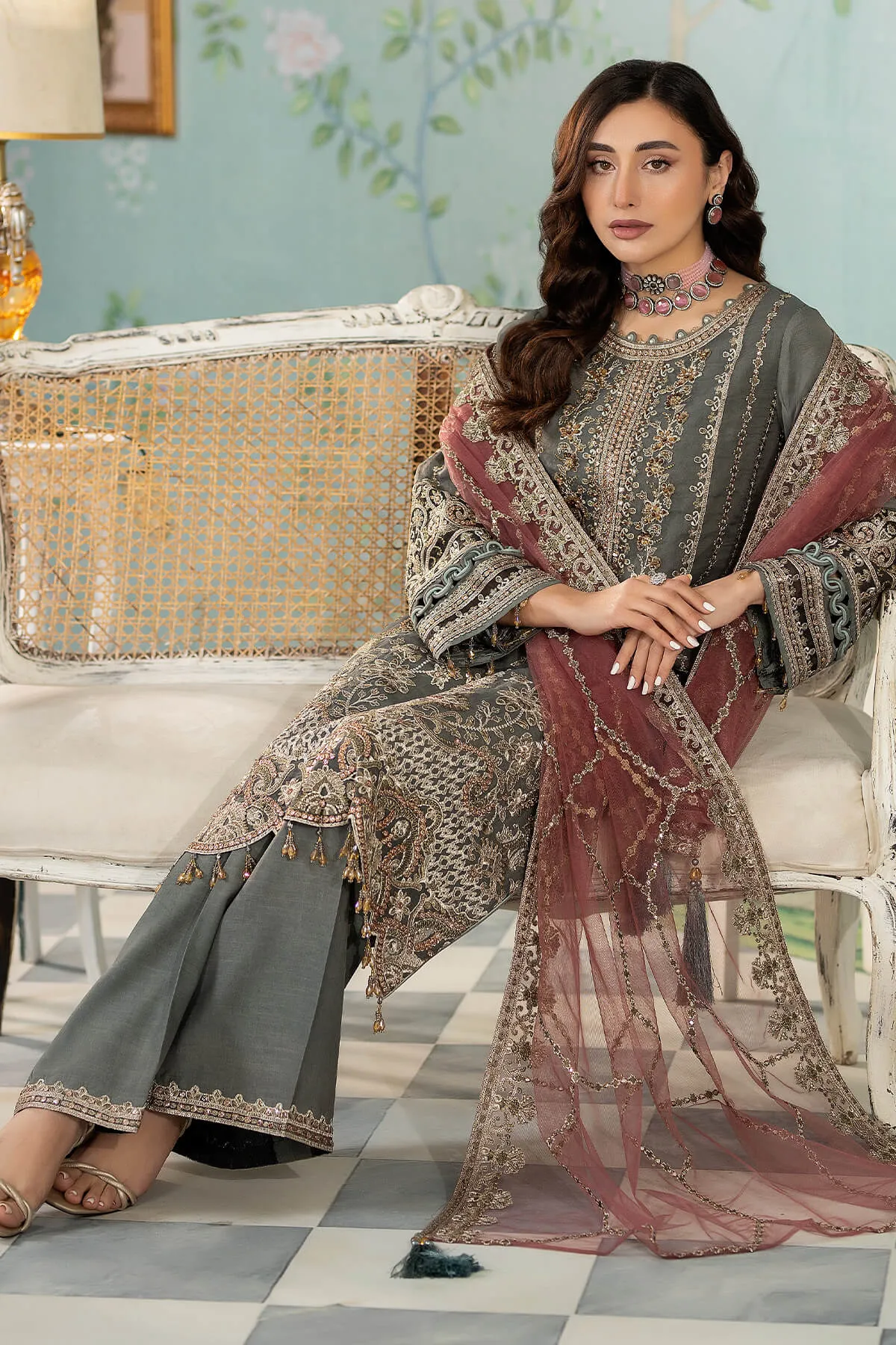 Embellished Kameez and Trouser Pakistani Party Dress