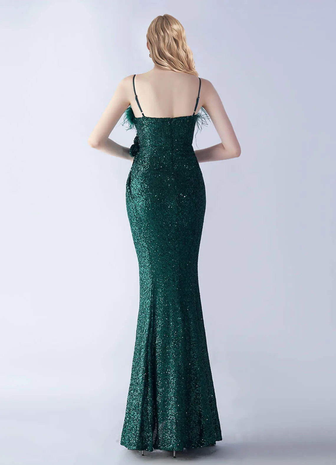 Emerald Green Luxury Feather Spaghetti Straps Sequin Maxi Formal Gown