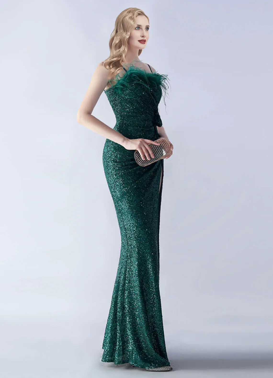 Emerald Green Luxury Feather Spaghetti Straps Sequin Maxi Formal Gown