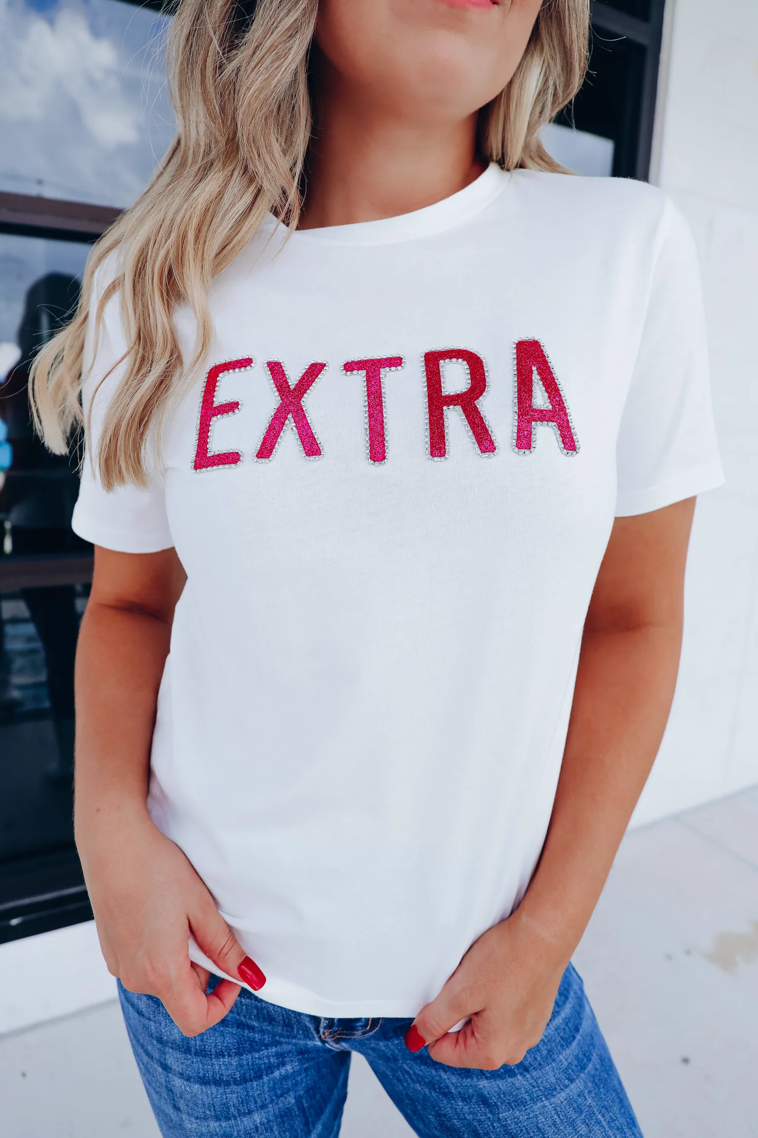 EXTRA Rhinestone Graphic Tee Top - White/Pink