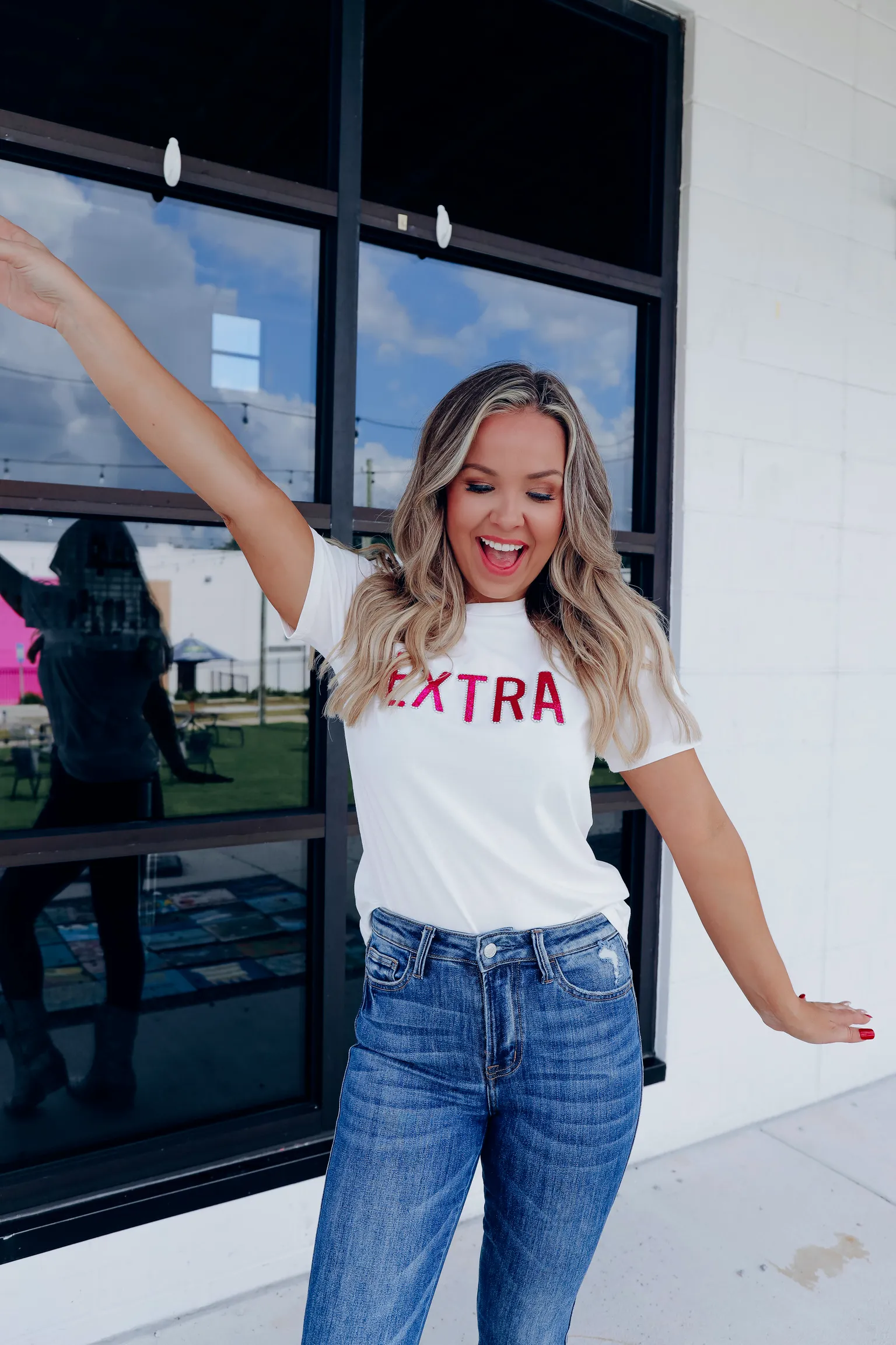 EXTRA Rhinestone Graphic Tee Top - White/Pink