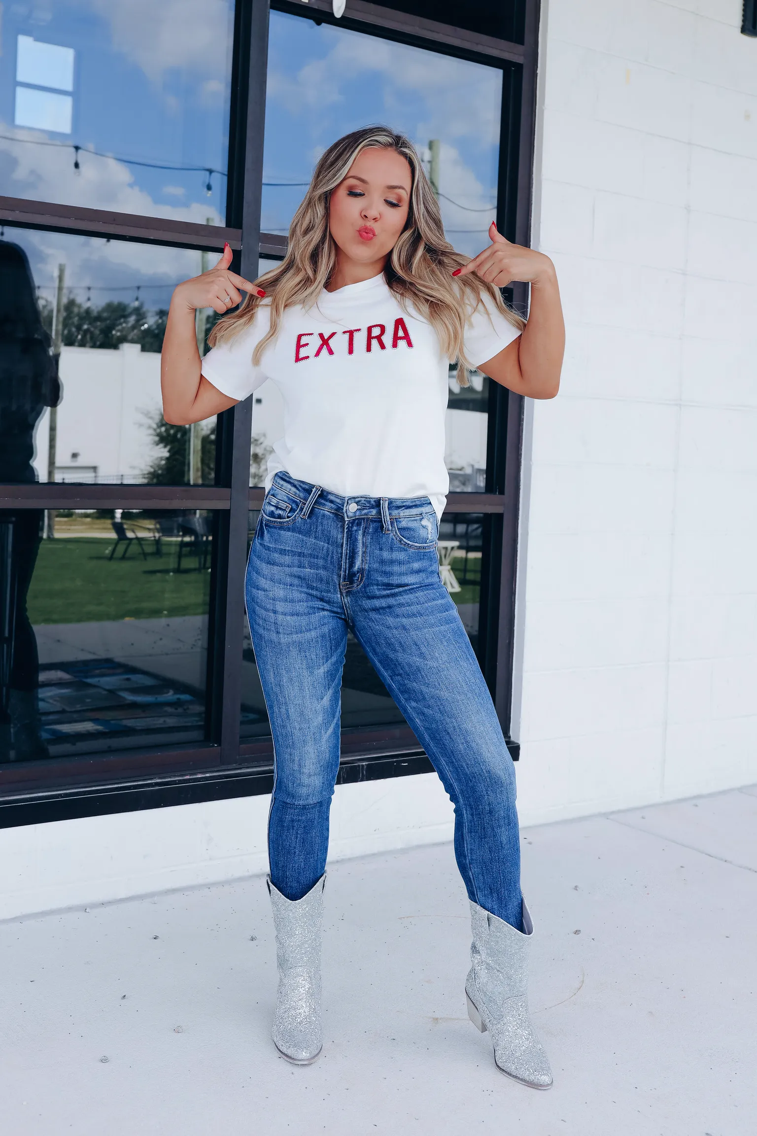 EXTRA Rhinestone Graphic Tee Top - White/Pink