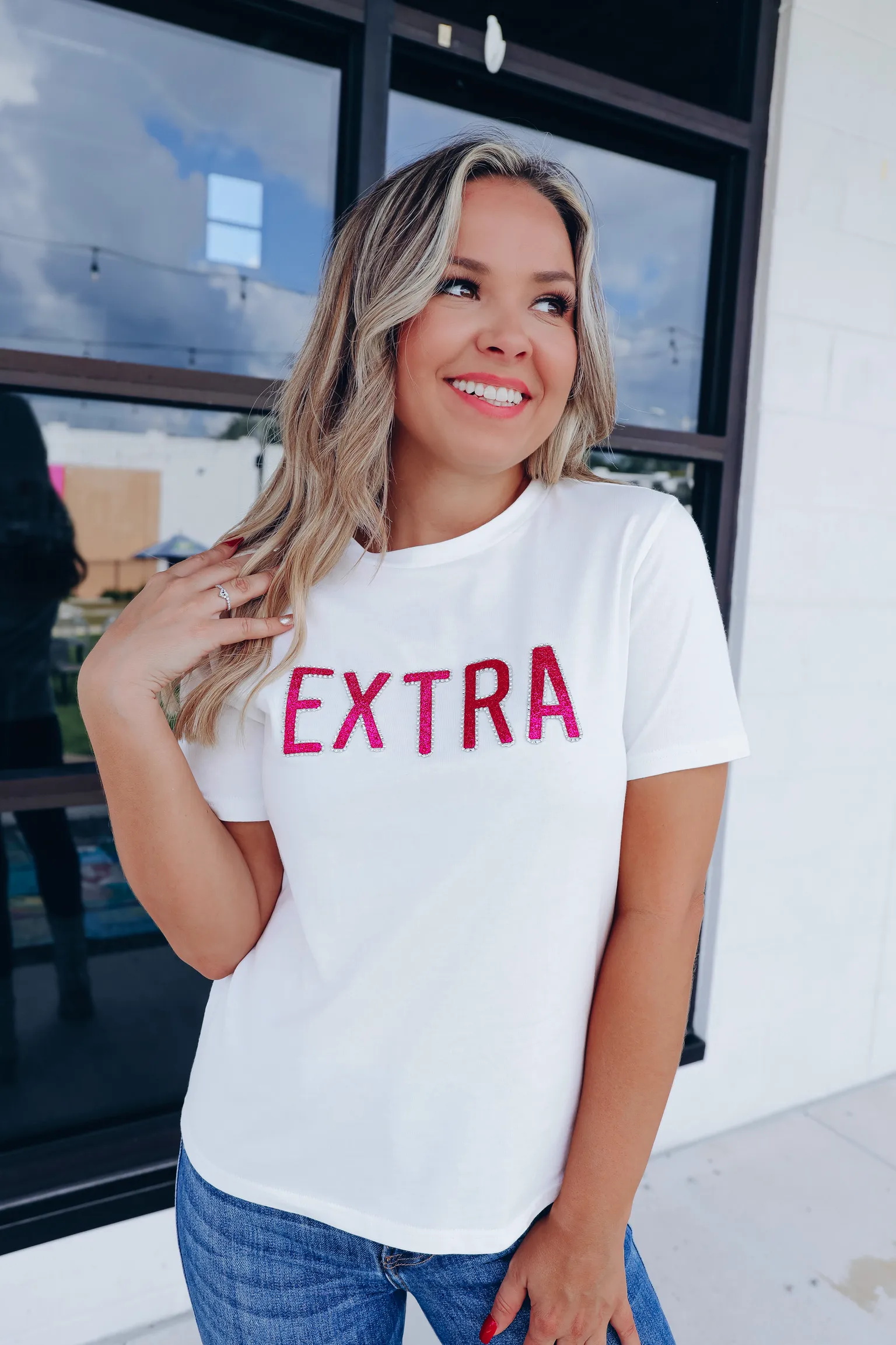 EXTRA Rhinestone Graphic Tee Top - White/Pink
