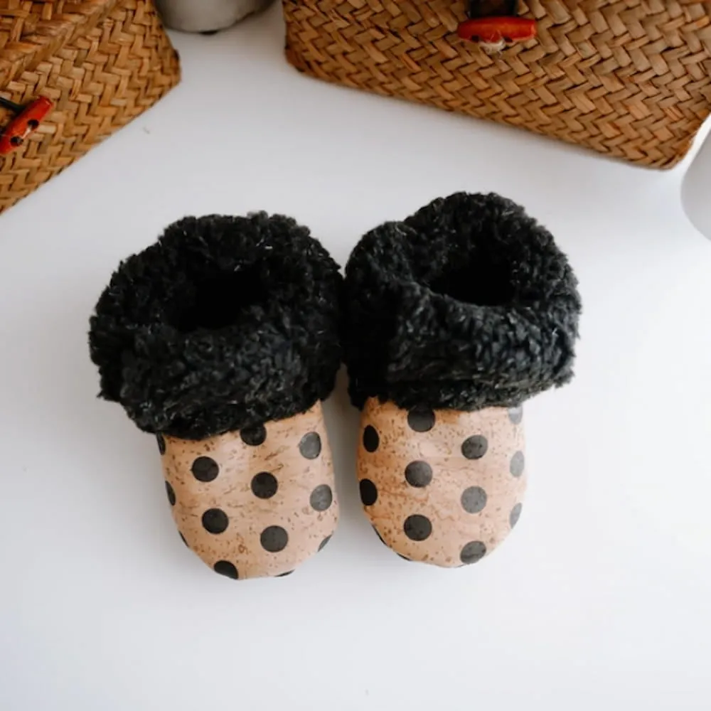 Faux Fur Cork Booties - Black Polka Dots