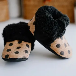 Faux Fur Cork Booties - Black Polka Dots
