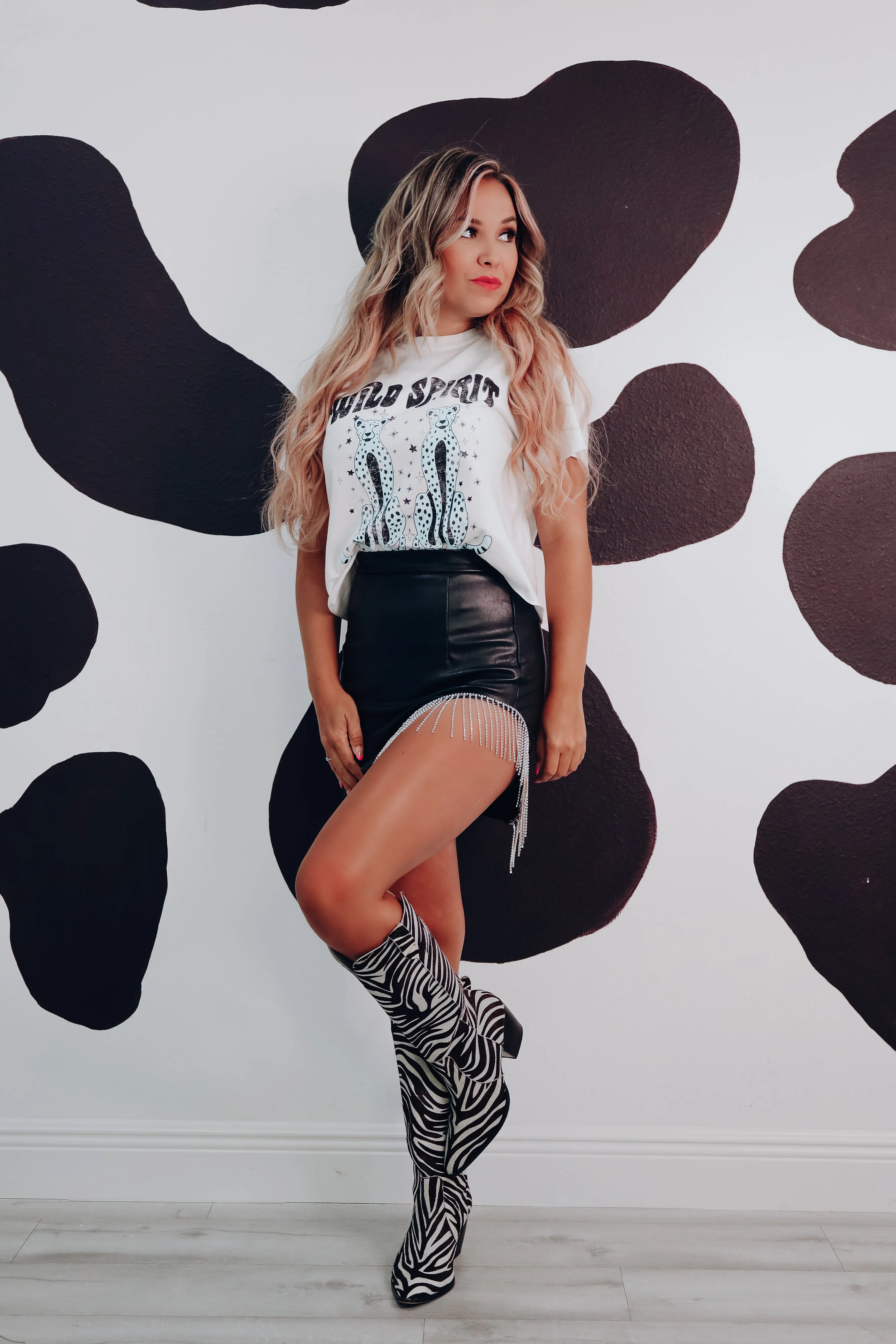 Fearless Faux Leather Rhinestone Mini Skirt - Black