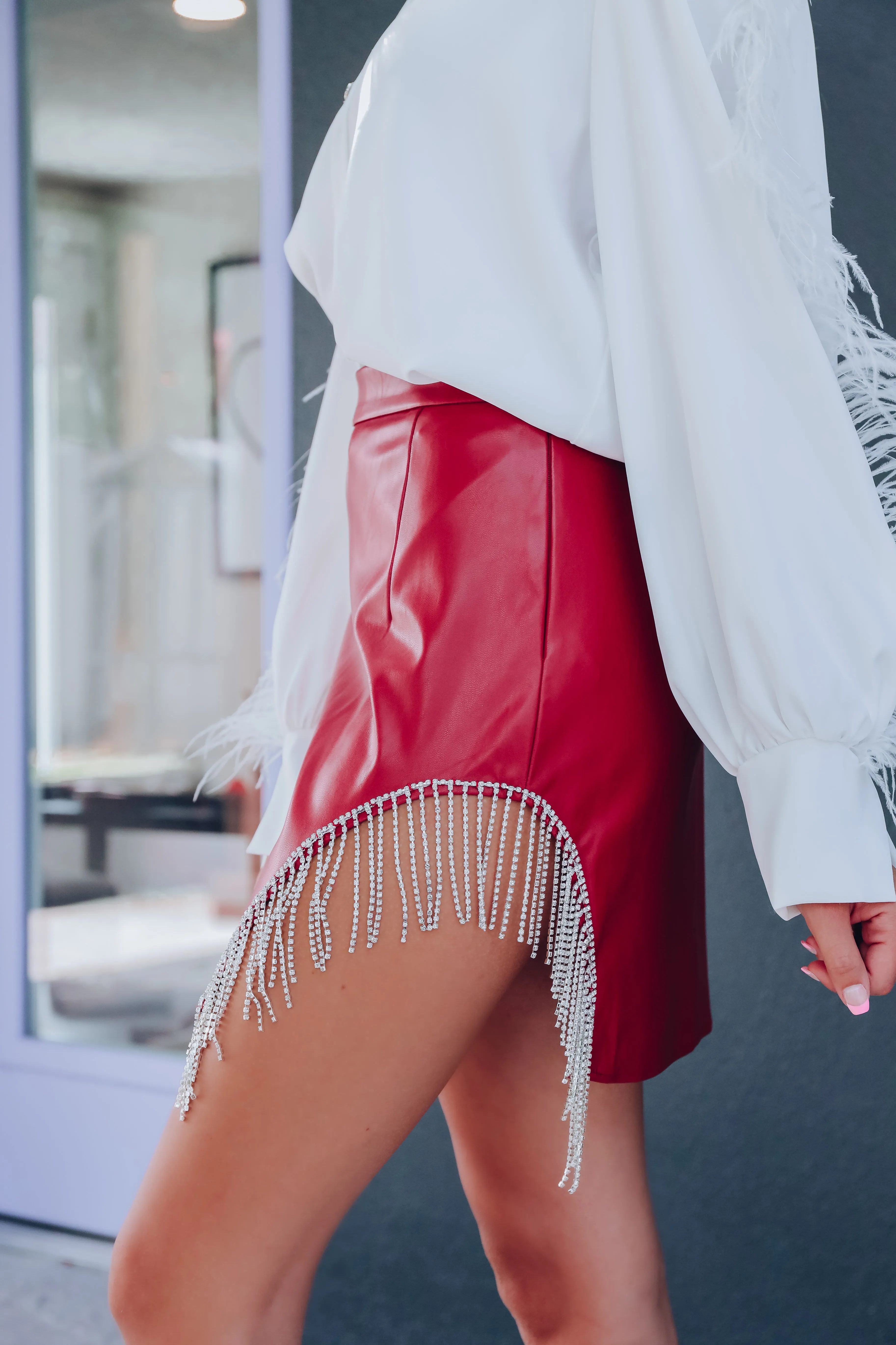 Fearless Faux Leather Rhinestone Mini Skirt - Red