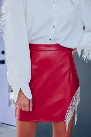 Fearless Faux Leather Rhinestone Mini Skirt - Red