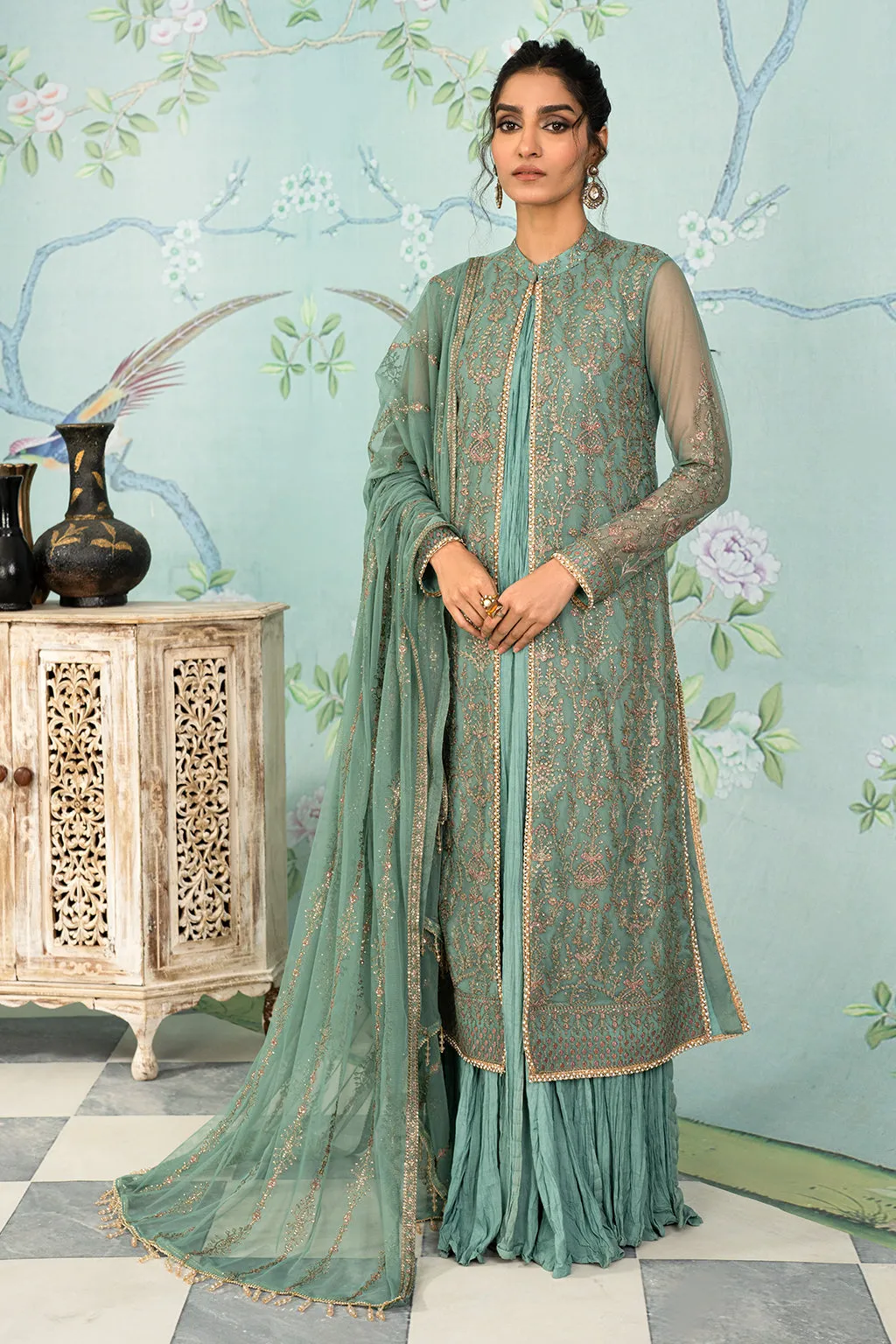 Ferozi Embroidered Pakistani Party Wear Gown Style Sharara Kameez
