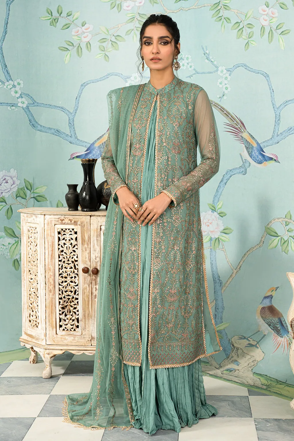 Ferozi Embroidered Pakistani Party Wear Gown Style Sharara Kameez
