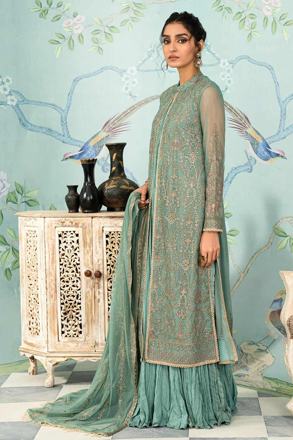 Ferozi Embroidered Pakistani Party Wear Gown Style Sharara Kameez