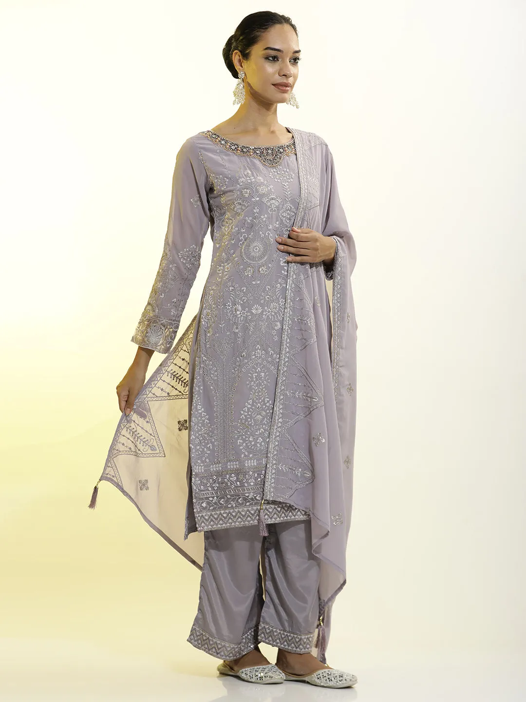 Festive Embroidered Georgette Party Wear Kurta Set With Dupatta