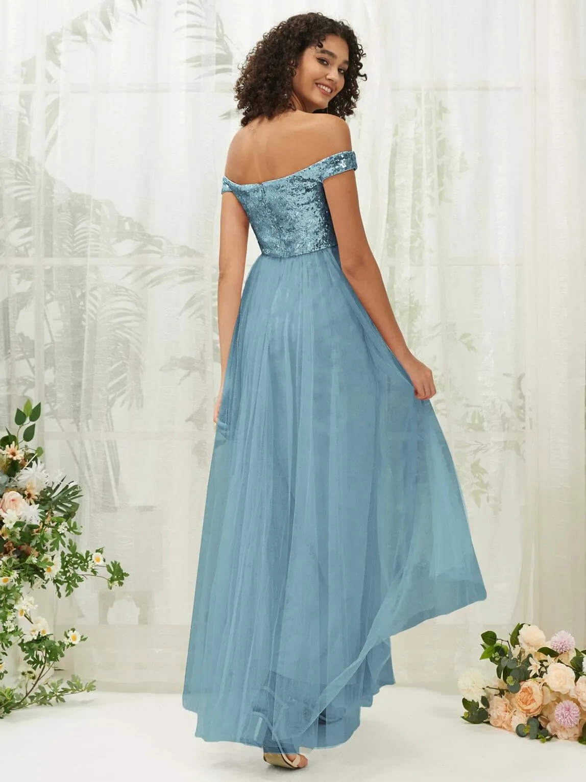 [Final Sale] Moody Blue Sequin Tulle Off-Shoulder Maxi Flowy Bridesmaid Dress