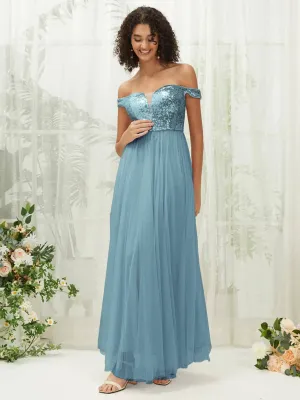 [Final Sale] Moody Blue Sequin Tulle Off-Shoulder Maxi Flowy Bridesmaid Dress
